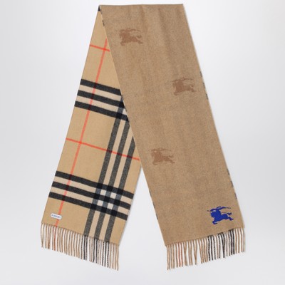 Reversible scarf in beige cashmere and Check